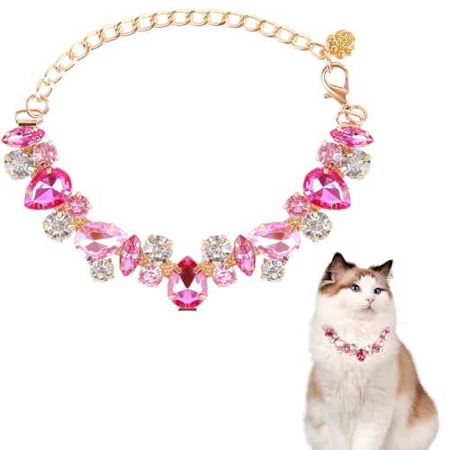 Image of HOWWFALY Dog Collar and Cat Collar Gold Chain Necklace Stainless Steel Adjustable Pink Diamonds Collar with Cute Pet Paw for Small Medium Pets Cats Dogs Kitten Puppy(Pink, M)
