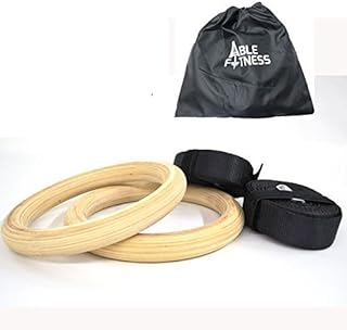 AbleFitness Wood Wooden Gym Rings with Adjustable Straps Metal Cam Buckle for Strength Training Cross Fit