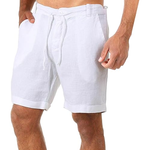 JEShifangjiusu Men's Fashion Relaxed Drawstring 7 Inch Shorts Summer Beach Casual Short Solid Color Cotton Short Pants (White,Small)