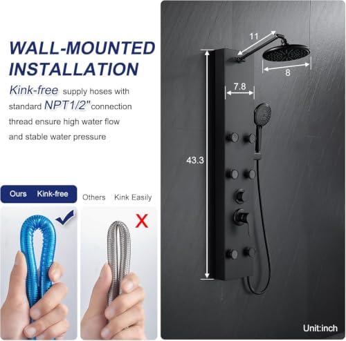 Image of Backline All In 1 Shower Panels for Bathroom 304 SS Hot & Cold Water Adjustable | 3 Function Handshower with Waterfall Shower /Tub Spout /Body Spray /Storage Rack (Black Matt)