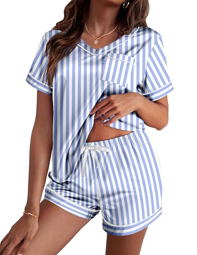 Image of Ekouaer Silk Pajama for Women Short Sleeve Satin Pj Set Two Piece Soft Sleepwear Loungewear S-XXL