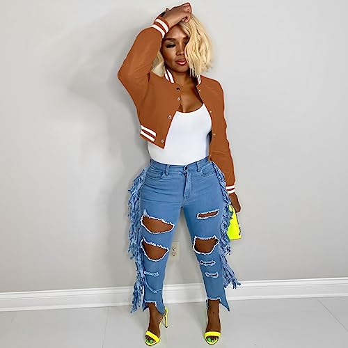 Image of Women Cropped Bomber Jacket Varsity Button Down Baseball Coat Streetwear | Long Sleeve Lightweight Casual Cropped Jacket With Pockets, Spring Autumn Outwear Y2K School Bomber Jackets for Women