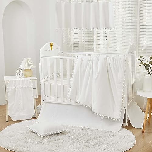 Image of Brandream Gender Neutral Boho Bohemian Baby Girl Boy Nursery Crib Bedding Set - 6pc - Solid Color White Farmhouse Chic Unisex Minimalist Tassel Pom Pom Macrame 100% Cotton
