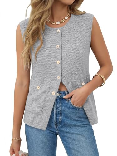 Image of Yousify Womens Sweater Vest Sleeveless Button Down Round Neck Knitted Tank Tops Casual Cardigan with Pockets