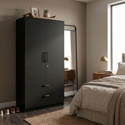 Image of FFO Keris 2 Door Wardrobe with 2 Drawers, Hanging Rod & Storage Shelves | Modern Clothes Almirah Cabinet with Lock & Black Handles for Home Black DIY.
