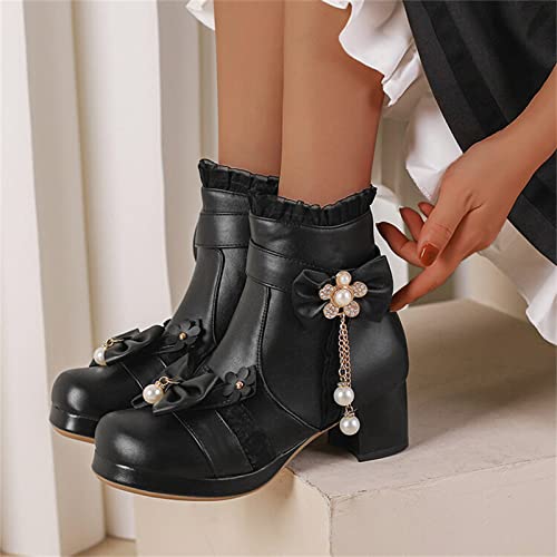 Cute Block Heels Booties for Women 2025 Lolita Kawaii Chunky Short Ankle Boots Sweet Lace Bowknot Dressy Shoes2