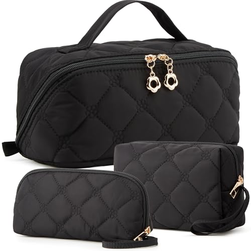 YTL Travel Makeup Bag, Puffer Cosmetic Bag for Women, Waterproof Puffy Padded Make Up Bags, Flat Open Portable Organizer Case Toiletry Bag Pouch Purse for Skincare, Brushes & Travel Essentials