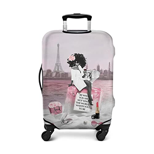 African American Black Girl Luggage Protective Cover Pink and Black Beach Paris Eiffel Tower Suitcase Cover Fit 22-24 Inch Luggage