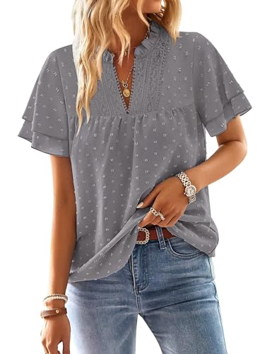 onlypuff Short Sleeve Swiss Dot Blouses Womens Henley V Neck Summer Casual Flowy Ruffle Boho T-Shirt
