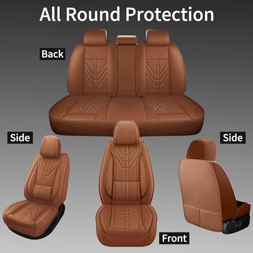 otoez Car Seat Covers Full Set, 5 Seats Nappa Leather Seat Cover for Car Seden SUV, Waterproof Universal Automotive Seat Protector Full Coverage Vehicle Front and Rear Seat Cover (Coffee) - Thumbnail 6