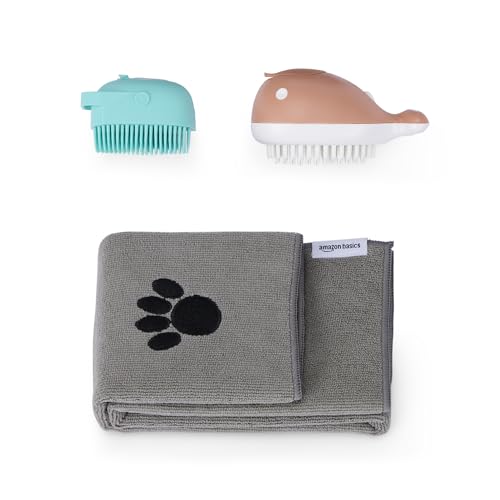 Amazon Basics Spazzola da Bagno per Cani con Asciugamano ad Asciugatura Rapida, Spazzola per la Toelettatura degli Animali Domestici, 2 Spazzole