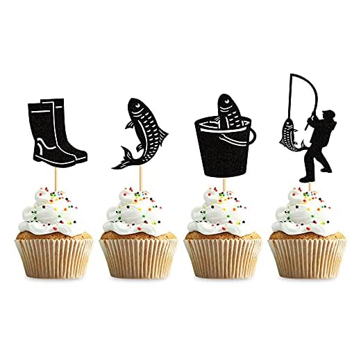 Keaziu 24 Pack Black Fishing Cupcake Toppers Outdoor Fishing Cupcake Topper for Fisherman Boy Girl Birthday Party Decoration Supplies
