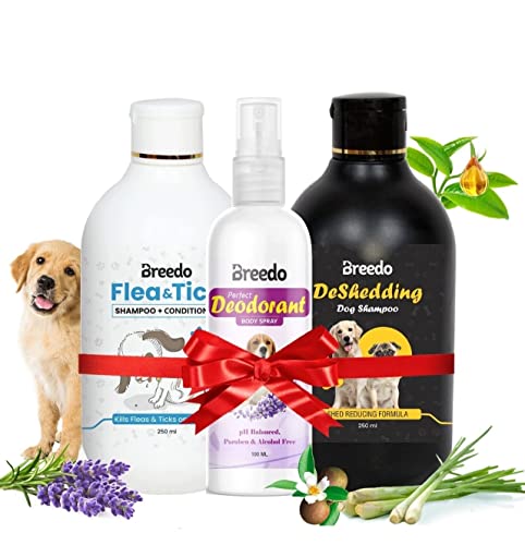 Breedo (Combo of 3) Dog Flea and Tick Shampoo +Deshredding Shampoo(500 ml)+ 100 ml Perfect Dog Body Deodorizer Spray Natural Itch Relief Dog Shampoo for Labrador, German Shepherd, Golden Retriever