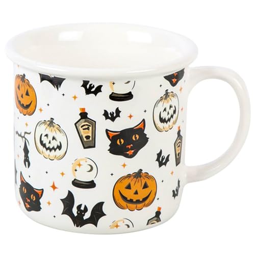 Spooky Cat and Pumpkin Print Mug Halloween Mugs Autumn Drinkware for Hot & Cold Beverages Coffee or Tea Camping Mug for Indoor Outdoor Use