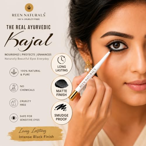 Image of REEN NATURALS Kajal Stick | 100% Natural Ayurvedic & Herbal | Traditional Lamp Black Method | Gentle & Chemical-Free | Eye Kajal | Eyeliner & Eyebrow | Water-Proof and Smudge Proof