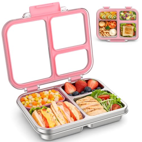 BABHAMNESS Stainless Steel Bento Lunch Box for Kids Adults, 3 Compartments Metal Bento Box with Transparent Lid & Silicone Container for Kids,Dishwasher-Safe,School & Travel,BPA-Free(Pink)