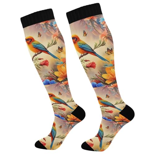 Wassud Two Birds Colorful Flowers Compression Socks for Women and Men 20-30 mmHg Knee High Socks for Nurses Travel Socks 2 Pair