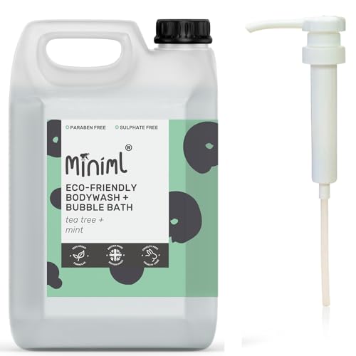 Miniml All Natural Body Wash and Bubble Bath - 5L Refill and 5L Pump - Moisturising Tea Tree and Mint Sensitive Skin Eco Shower Gel Bath Soak - Vegan Friendly Hand, Face & Body High Foam Scrub