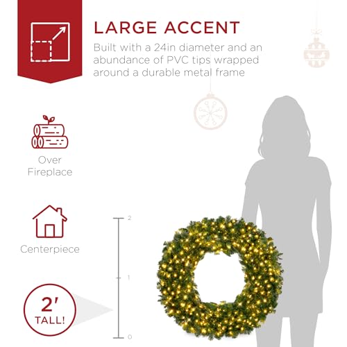 Image of Best Choice Products 24in Large Artificial Pre-Lit Fir Christmas Wreath Holiday Accent Decoration w / 50 LED Lights, 100 PVC Tips