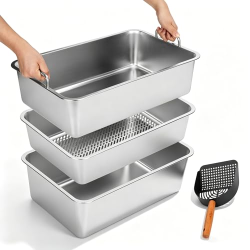 3 Tier Stainless Steel Sifting Cat Litter Box, Extra Large Metal Litter Box for…