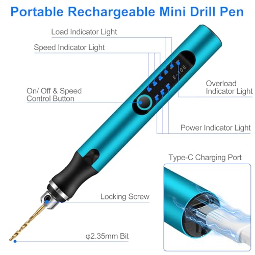 Mini Handbohrer Elektrisch, 3 Gang Mini Handbohrer Elektrisch, DIY Mini Bohrer, Mit 10 Bohrern, Wiederaufladbar, Wiederaufladbare Bohrmaschine für Modellbau, Holz, HarzSchmuckherstellung, Blau