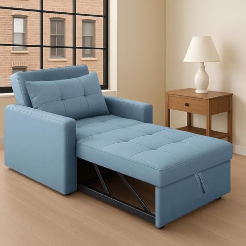 Image of CASASTYLE Trissa 1 Seater Pull-Out Premium Fabric Sofa Cum Bed Sofa Set for Living Room (Sky Blue Fabric)
