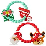 Christmas Baby Silicone Teether Toys - 2ooya 2Pcs Deer Gift Teething Ring Infant Soft Teether Toddler Sensory Chew Toy with Rattles for Newborn to Soothe Sore Gums The First Christmas Gifts for Babies