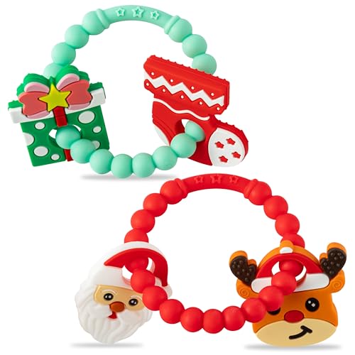 Image of Christmas Baby Silicone Teether Toys - 2ooya 2Pcs Deer Gift Teething Ring Infant Soft Teether Toddler Sensory Chew Toy with Rattles for Newborn to Soothe Sore Gums The First Christmas Gifts for Babies