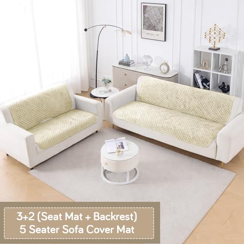 Image of HOKIPO Quilted Sofa Cover 3 Seater and 2 Seater Set - 5 Seater Sofa Cover (3+2) for Seat & Back | 'Quilt Classic' Beige (IN-927 * 2+926 * 2-Beige)