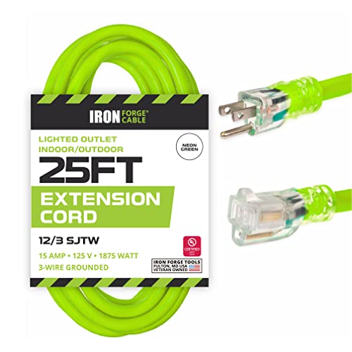 Iron Forge Cable Weatherproof 25 Ft Outdoor Extension Cord Neon Green - 12/3 SJTW 15 Amp Heavy Duty Light Green High Visibility Cable with 3 Prong - Lighted End