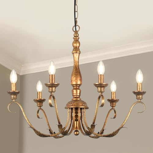KMaiPem 6-Light Farmhouse Chandelier, 23.62'' Vintage Brass Gold Chandeliers for Dining Room, Adjustable Rustic Metal Hanging Pendant Light Fixture for Kitchen Island Entryway Foyer Bedroom Hallway
