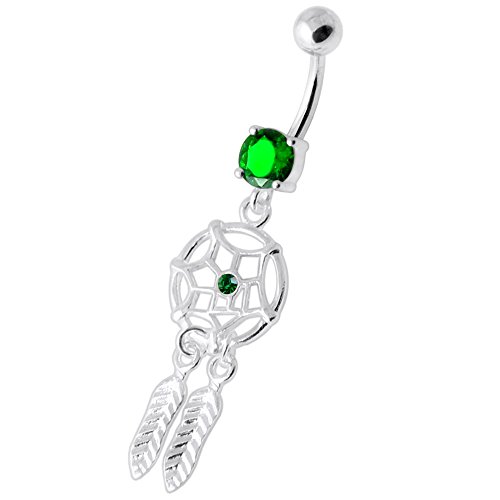 Dark Green Cz Crystal Stone Stylish Dream Catcher Dangling 925 Sterling Silver Belly Ring Body Jewelry #TOP1