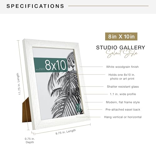 MCS Studio Gallery 8x10 Picture Frame White Woodgrain, Vertical & Horizontal Wall Hanging & Easel for Tapletop Display, Rectangle Photo Frame for Photos, Posters & Art Prints (1-Pack)