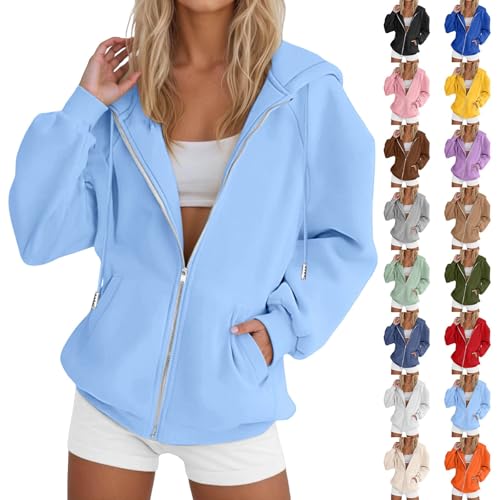 Hoodies For Women UK Oversized Hoodie Zip Up Sweatshirts Trendy Casual Loose Long Sleeve Crewneck Pullover Comfy Fall Winter Cloth Fashion Ladies Outfit Light Blue