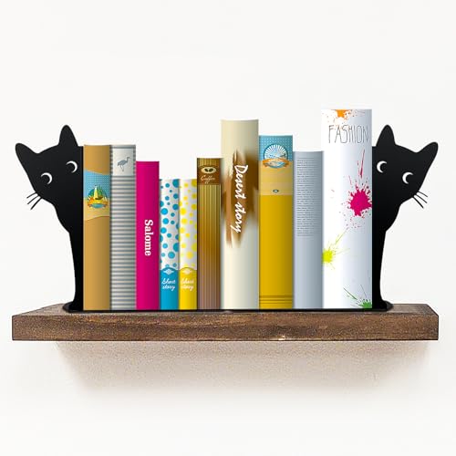 Peeping Cat Bookends,Metal Book Ends for Heavy Books for Shelves Decorative,Bookshelf Decor Home Office Desk for Cat Lover Gifts (Black Cat)
