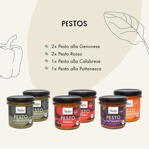 NABIO | Pesto 6er Box I 2x Genovese, 2x Rosso, 1x Calabrese, 1x Puttanesca I vegetarisch I extra cremig (6 x 130g)