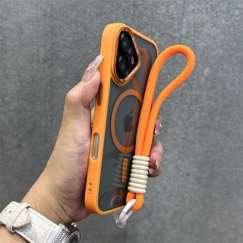 Étui rigide transparent avec dragonne orange pour sécuriser votre iPhone 14 Plus en voyage