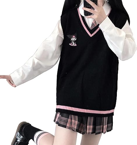 Image of Cartoon Sweater Vest Women Preppy Style V Neck Knit Sweaters Girls School Uniform Anime Sleeveless Pullover Tank Tops Black S