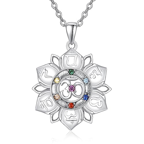 Image of TANGPOET 7 Chakra Necklace for Women 925 Sterling Silver Lotus Flower Pendant Om Spiritual Healing Jewellery Reiki Meditation Gifts for Her Yoga Lovers