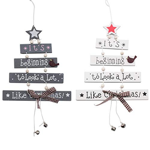 kungfu Mall Christmas Decorations Sale, 2Pcs Christmas Wood Tree Pendant Creative Wooden Crafts Window Door Kitchen Dress up Wooden Card Hanging - White, Gray