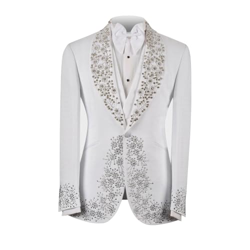Men's White Luxury Handmade Rhinestone Blazer Slim Fit Shawl Lapel Dinner Tuxedo for Prom Party Wedding