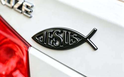 Image of 3D Chrome Emblem Badge Sticker Jesus Fish Decal Stickers Decoration for Car, Truck, Motorcycle, RV, Scooter, SUV, Door, Window (Black Fish)