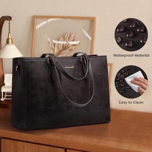 LOVEVOOK Laptop Tote Bag, 15.6 inch Vegan Leather Work Bags for Teacher Commuter Business, Large Waterproof Computer Purse Office Bag, Black Coffee3