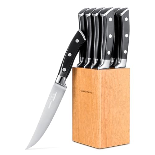 OAKSWARE Steakmesser Set 8-teilig, Nicht gezackte Küchen Steak Messer Set mit Block, Scharfe Pizzamesser und Ergonomischem Griff, Premium-Deutscher Stahl