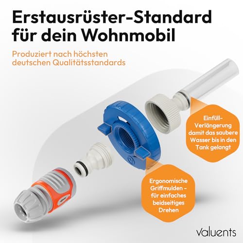 valuents® Wassertankdeckel 3 Pins 78mm Durchmesser – blau – für Wohnmobil mit Schlauch für Wassereinfüllstutzen +Plus: Adapter für Wasserschlauch