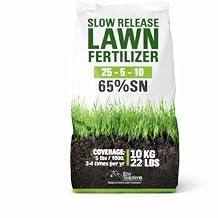 Slow Release Lawn Fertilizer 25-5-10 NPK - 65% Granular Nitrogen Formula for Deep Feeding up to 110 Days - 10kg 22lbs Bag - Kid & Pet Safe Lawn Care for Lush Green Grass