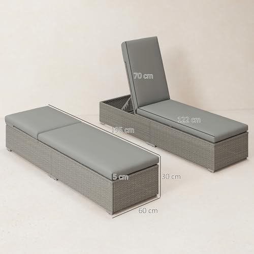 Outsunny PE Rattan Sun Lounger, Five-level Adjustable Recliner Bed Chair with Soft Padded Cushion for Patio, Garden, Light Grey 3 Outsunny PE Rattan Sun Lounger, Five-level Adjustable Recliner Bed Chair with Soft Padded Cushion for Patio, Garden, Light Grey - Image 3