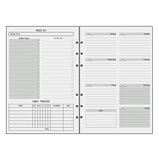 Ricambio Agenda Senza Data Settimanale A5, 52 Settimane Planner Diario con To Do List, Extra Pagine Nota Contatto, 6 Fori, Carta Spessa 100 g/m² Ricariche per Taccuino Anelli