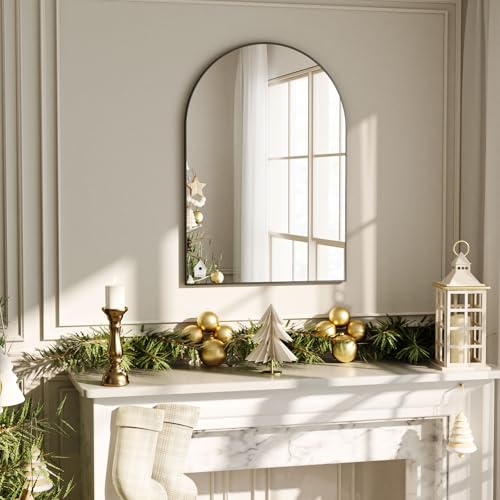 Image of VooBang Arched Wall Mirror, 20 x 30 inch Arch Bathroom Mirror, Wall Mounted Vanity Mirror with Arch Metal Frame, Modern Bathroom Vanity Mirror for Bedroom, Living Room, Hanging or Leaning, Black