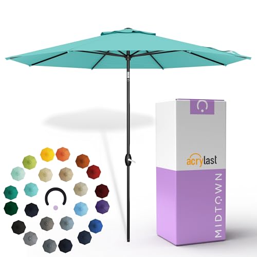 Image of Midtown Umbrellas - The Lean 8 Ft Patio Umbrella with 10-Year-No-Fade Acrylast Acrylic Fabric, Auto-Tilt and 8 Reinforced Ribs for Deck, Pool, Garden, Hotel & Cafes - Azure Canopy, Black Pole